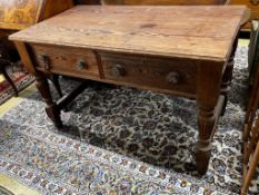 A Victorian stained pitch pine two drawer serving table by repute from Balmoral Castle kitchens,