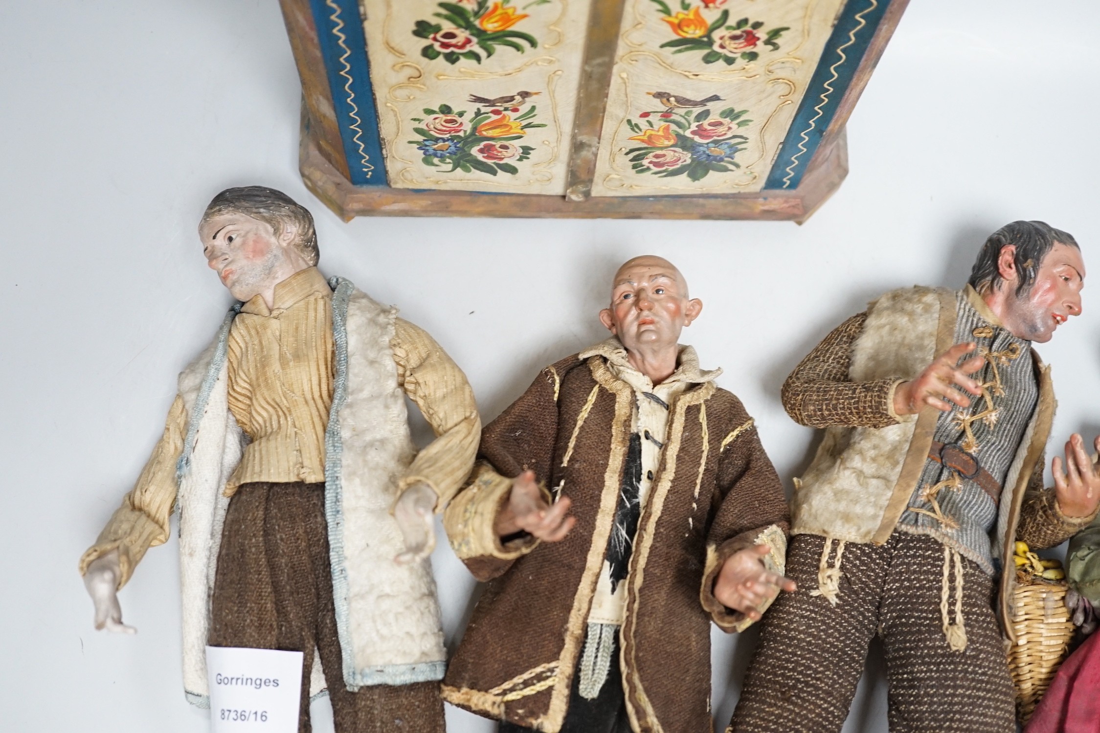 Four 18th/19th century Neapolitan painted wood or terracotta crèche figures, tallest 31.5cm and a - Image 3 of 5