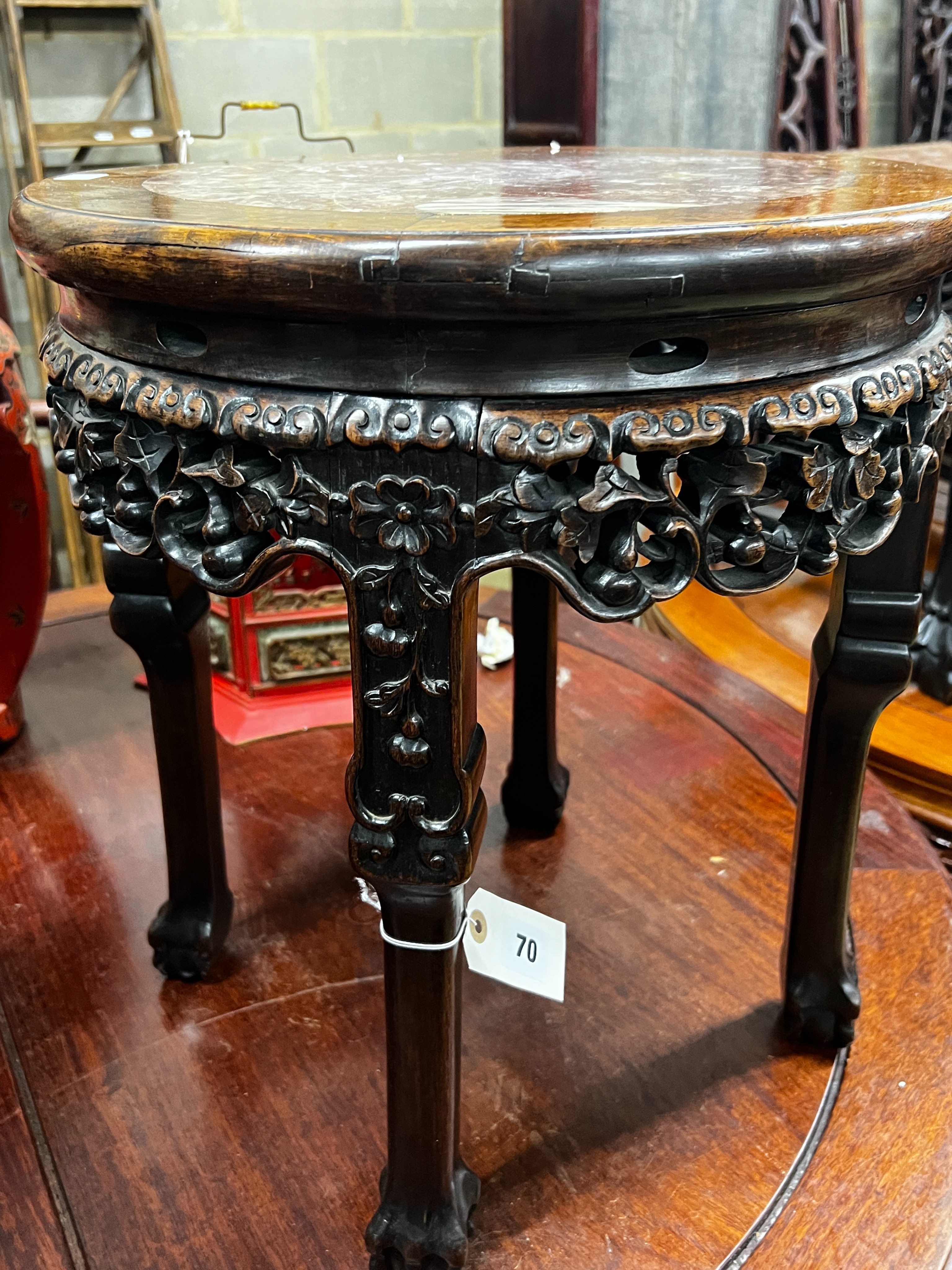 A Chinese circular marble top hongmu vase stand, diameter 41cm, height 48cm - Image 5 of 5