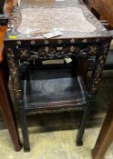 A Chinese mother of pearl inlaid square marble top hongmu two tier vase stand, width 38cm, height