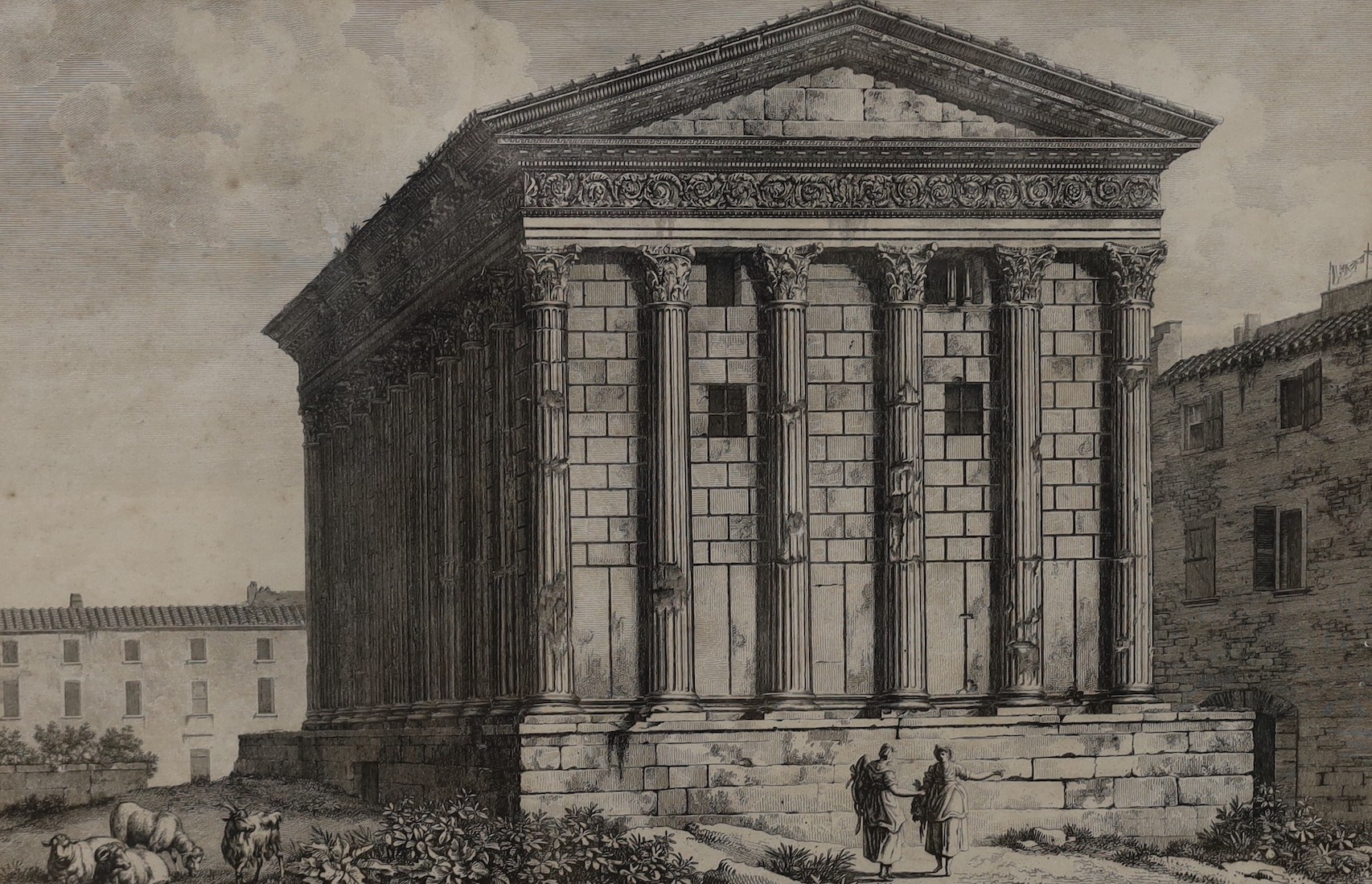 An 18th century French engraving, 'Maison Carrée à Nimes', 30.5 x 44cm and a 19th century French - Image 3 of 3