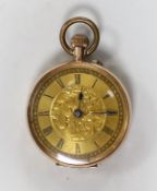 An engraved 9k open face keyless fob watch, with gilt metal inner cuvette, cased diameter 35mm,