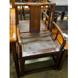 A pair of Chinese caned hardwood elbow chairs, width 55cm, depth 44cm, height 97cm