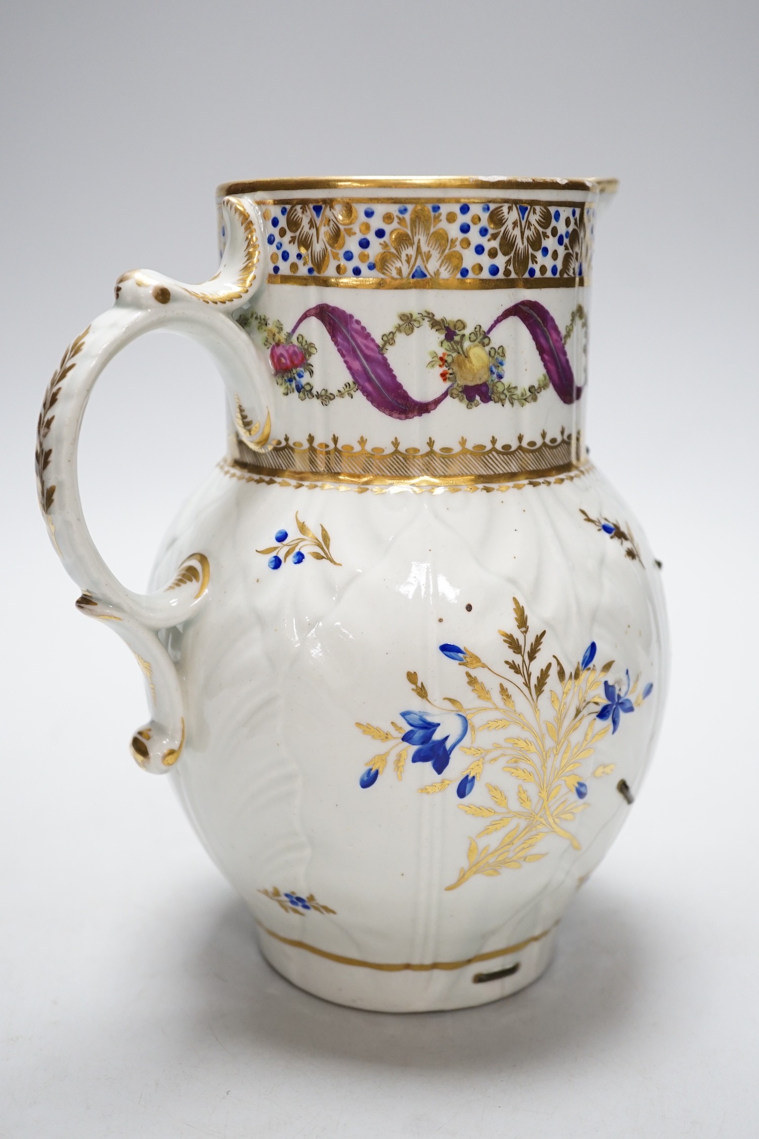 An 18th century Caughley very rare polychrome mask jug, elaboratley painted and gilded with two - Image 6 of 9