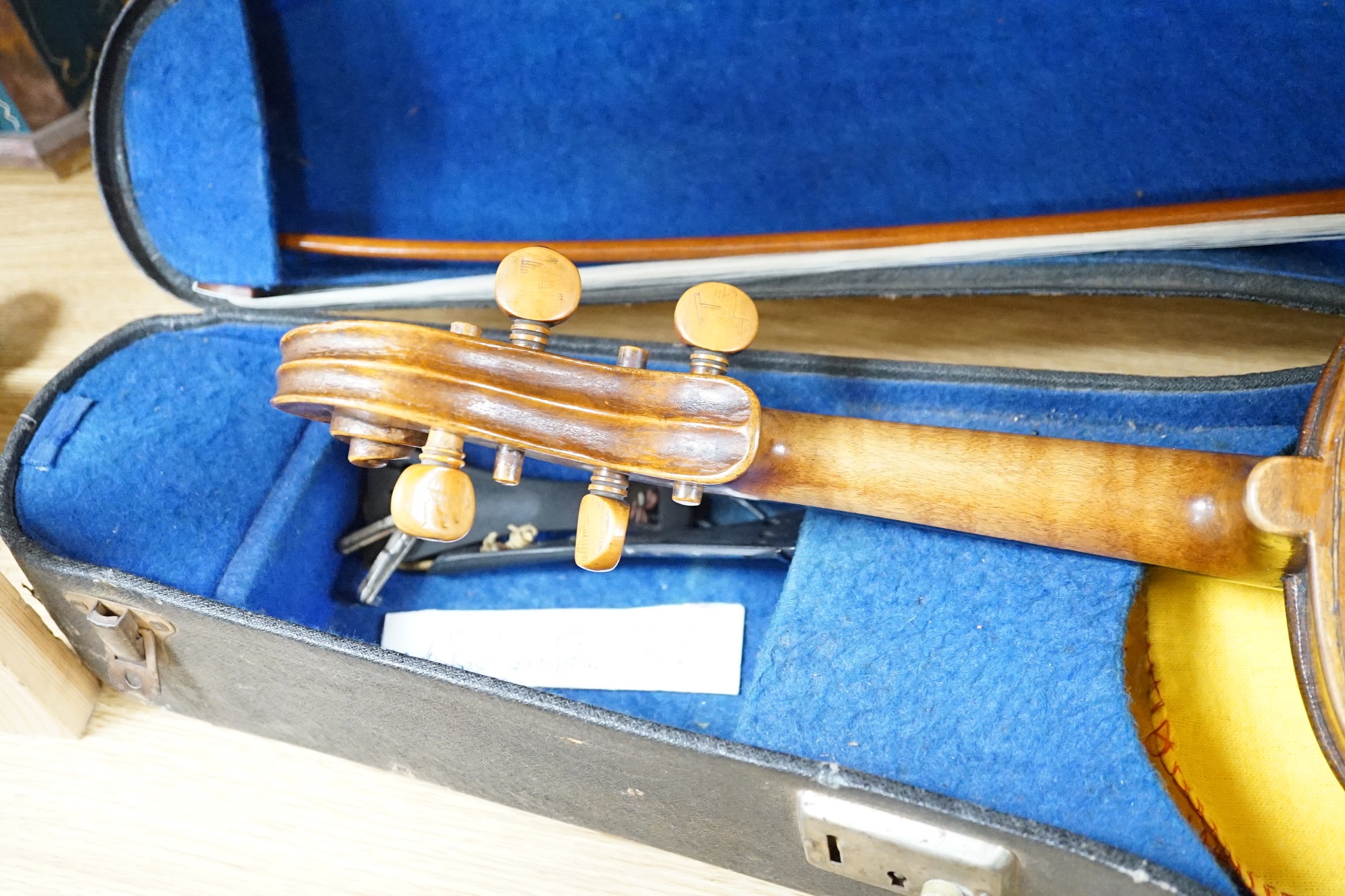 15 1/4 inch viola, cased, circa 1880 and a silver mounted bow with ivory tip, viola 65 cms long - Image 6 of 6