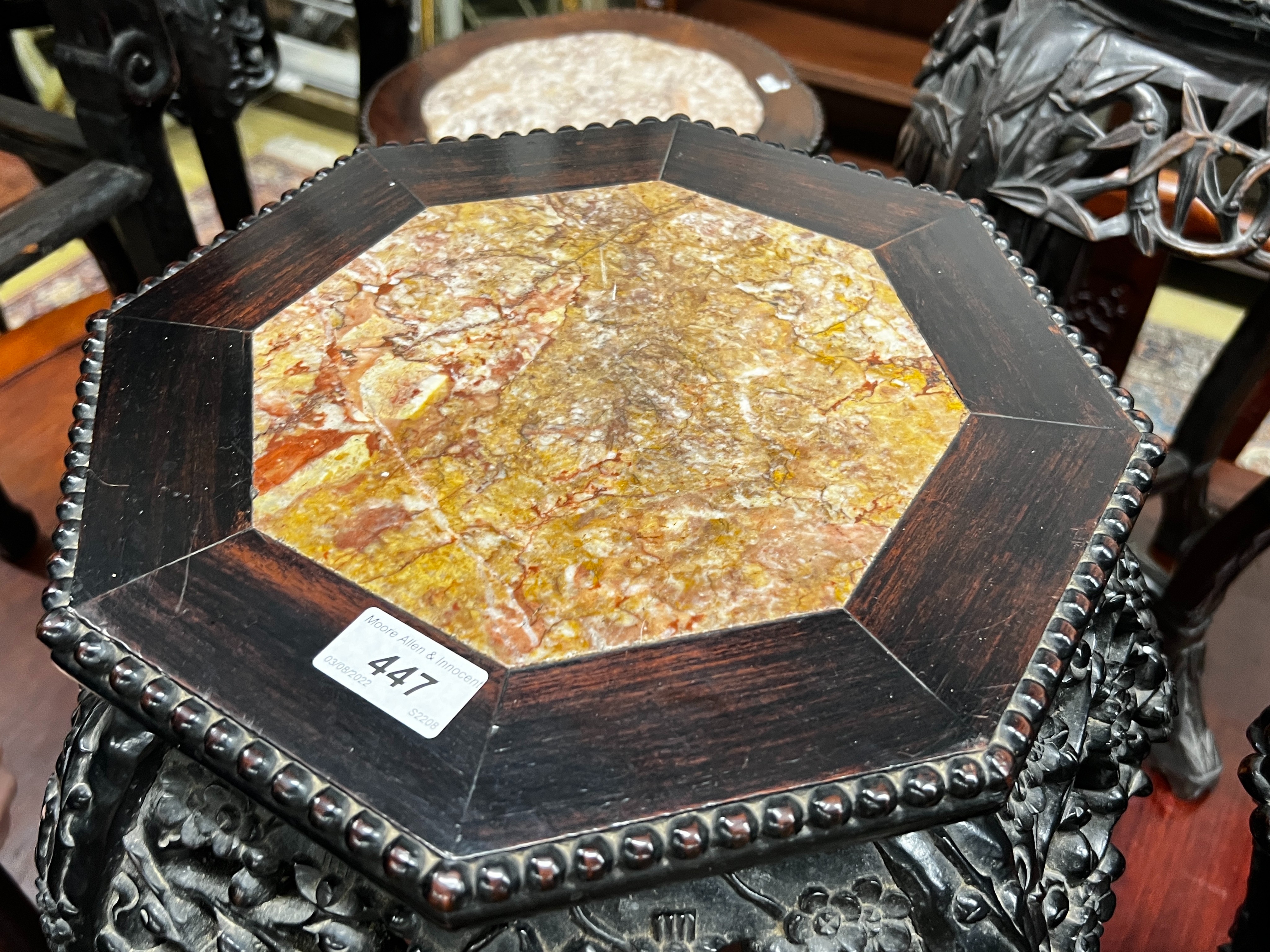 A near pair of Chinese marble top octagonal carved hongmu vase stands, width 40cm, height 62cm - Image 8 of 10