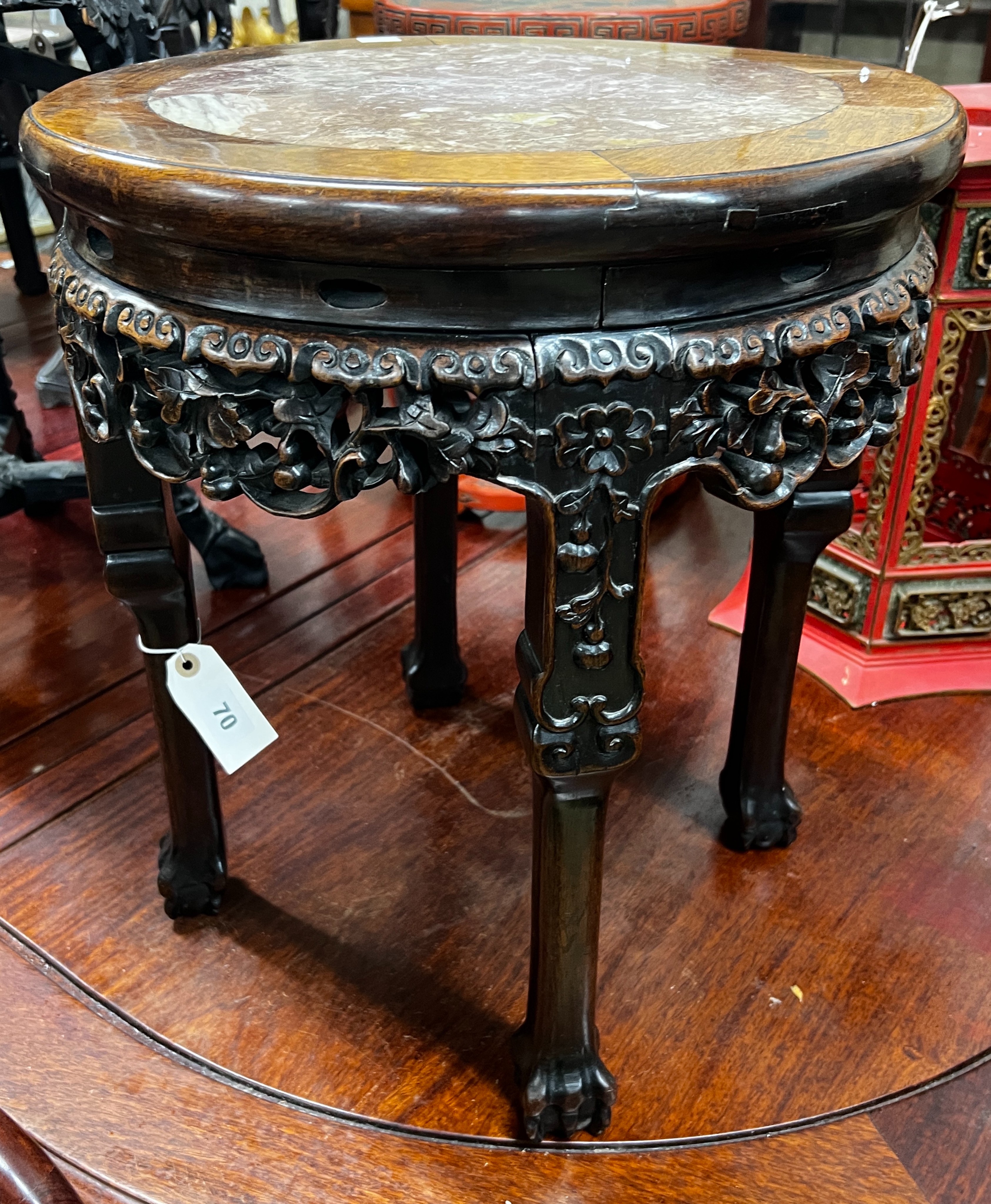 A Chinese circular marble top hongmu vase stand, diameter 41cm, height 48cm - Image 3 of 5