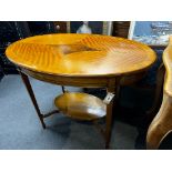 An Edwardian satinwood banded oval satinwood two tier centre table, width 98cm, depth 60cm, height