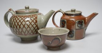 David Frith Brookhouse studio pottery: two teapots and a sugar bowl