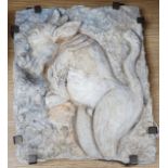 Ruth Sulke, a mounted studio ceramic and relief carved wax plaque, 31cms x 38cms