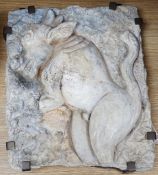 Ruth Sulke, a mounted studio ceramic and relief carved wax plaque, 31cms x 38cms
