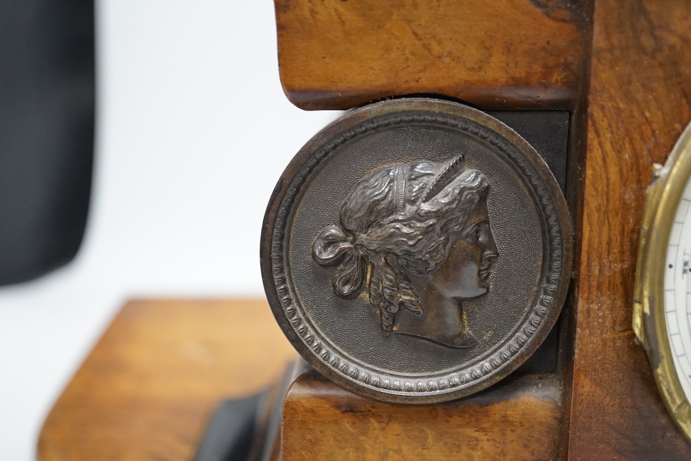 A Victorian walnut and ebonised bracket clock with two classical cartouches, 33cms wide x 23cms high - Image 3 of 7