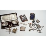 A cased pair of Edwardian silver shell salts, with spoons, and other items including Edwardian