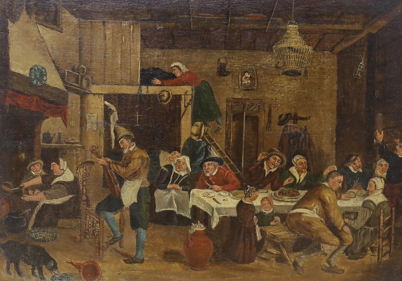 19th century Flemish School, oil on canvas, 17th century tavern interior, 30 x 41cm