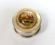 A George V silver and Essex crystal inset pill box, the crystal depicting a horse and jockey,
