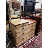 A late Victorian part marble topped four drawer pine dressing chest, width 102cm, depth 48cm, height