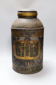 A Chinoiserie decorated toleware tea cannister and cover, 42cms high