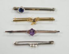 A 9ct white gold and synthetic? sapphire set bar brooch, 45mm and three other bar brooches including
