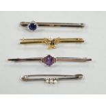 A 9ct white gold and synthetic? sapphire set bar brooch, 45mm and three other bar brooches including