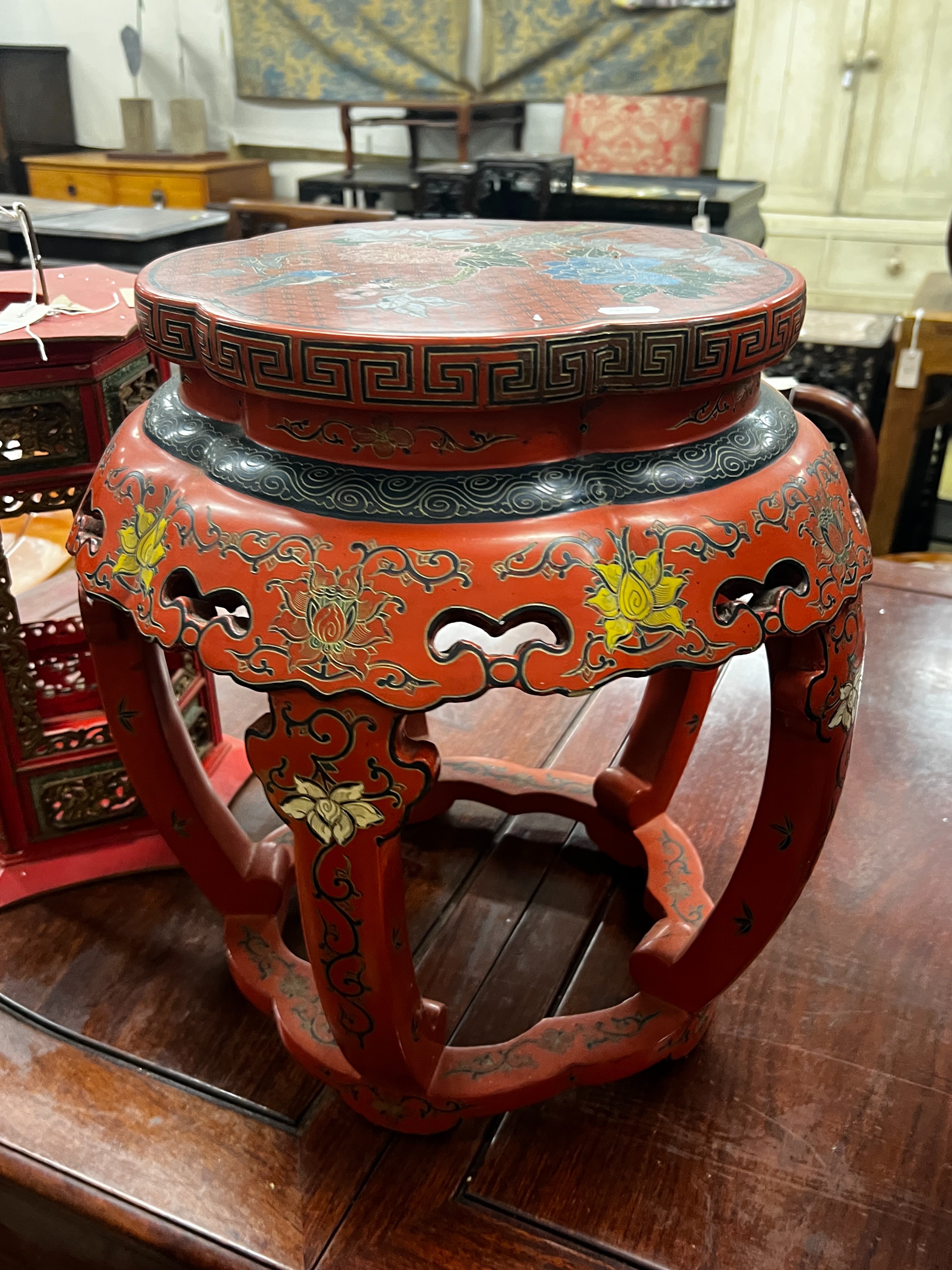 A Chinese red lacquer circular vase stand, diameter 44cm, height 47cm together with a similar - Image 6 of 6