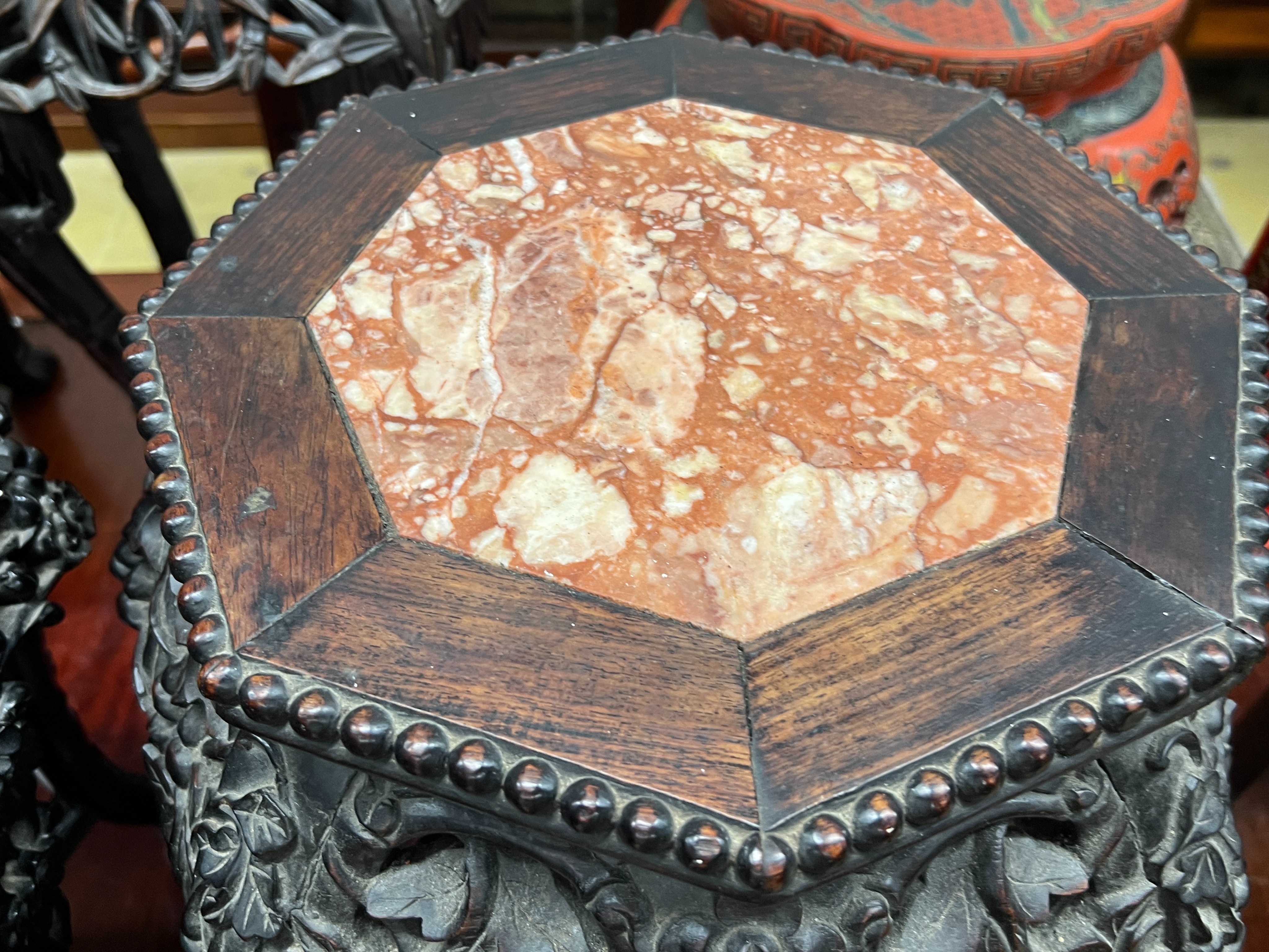 A near pair of Chinese marble top octagonal carved hongmu vase stands, width 40cm, height 62cm - Image 9 of 10