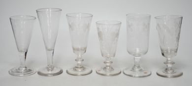 Six Georgian ale glasses, four with wheel engraved bowls. Tallest 15cm