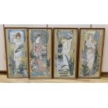 M.M. Maranz, set of four painted silk panels, Classical beauties and flowers, signed, 59 x 26cm