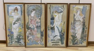 M.M. Maranz, set of four painted silk panels, Classical beauties and flowers, signed, 59 x 26cm