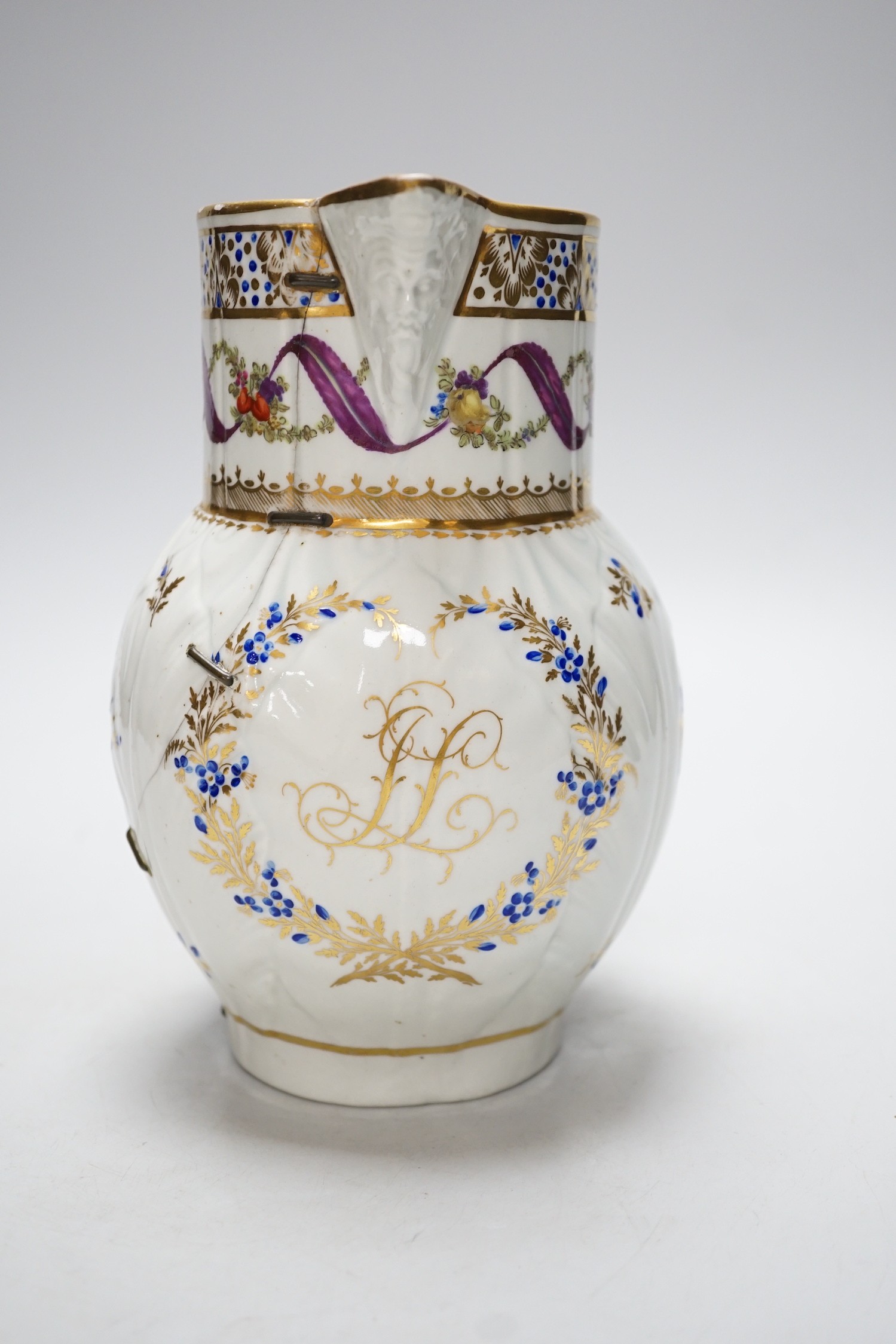 An 18th century Caughley very rare polychrome mask jug, elaboratley painted and gilded with two - Image 2 of 9