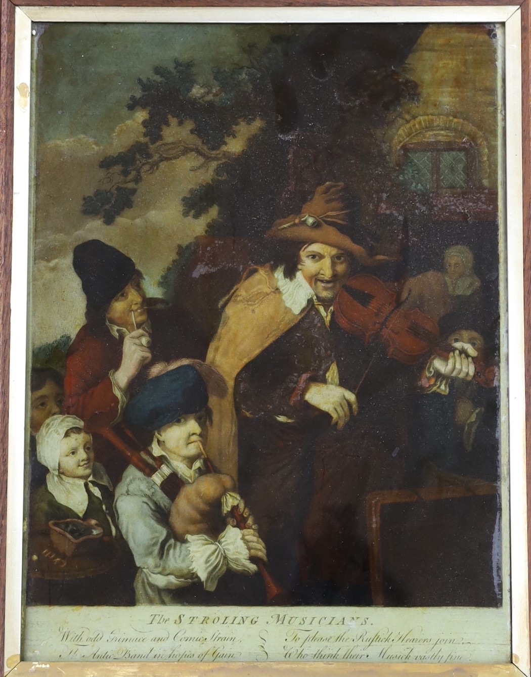 Two early 19th century reverse painted prints on glass, 'The Strolling Musician' and 'St Mark', 34 x - Image 2 of 3