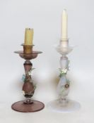 Two decorative Venetian glass candlesticks. Tallest 24cm