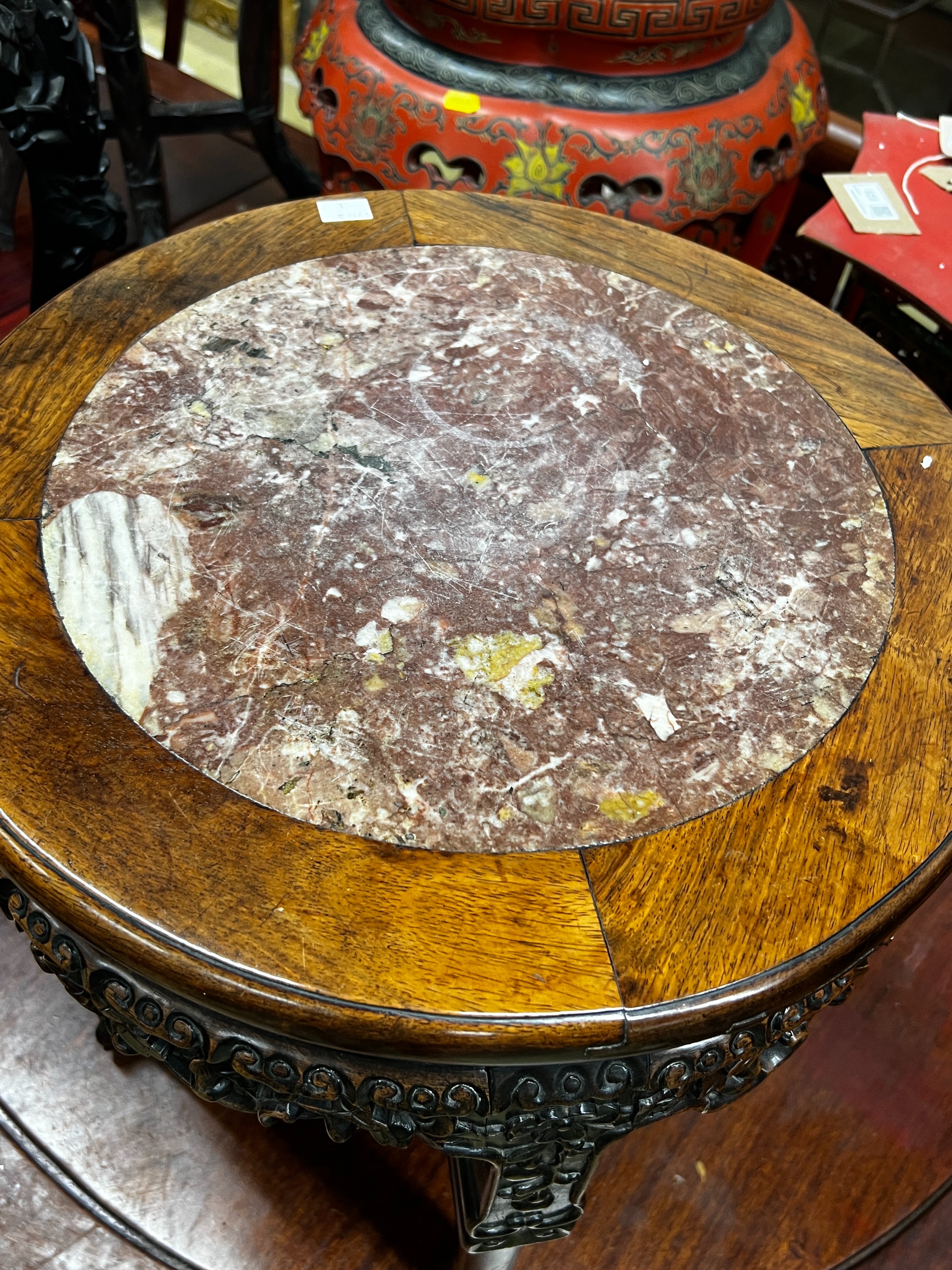 A Chinese circular marble top hongmu vase stand, diameter 41cm, height 48cm - Image 4 of 5