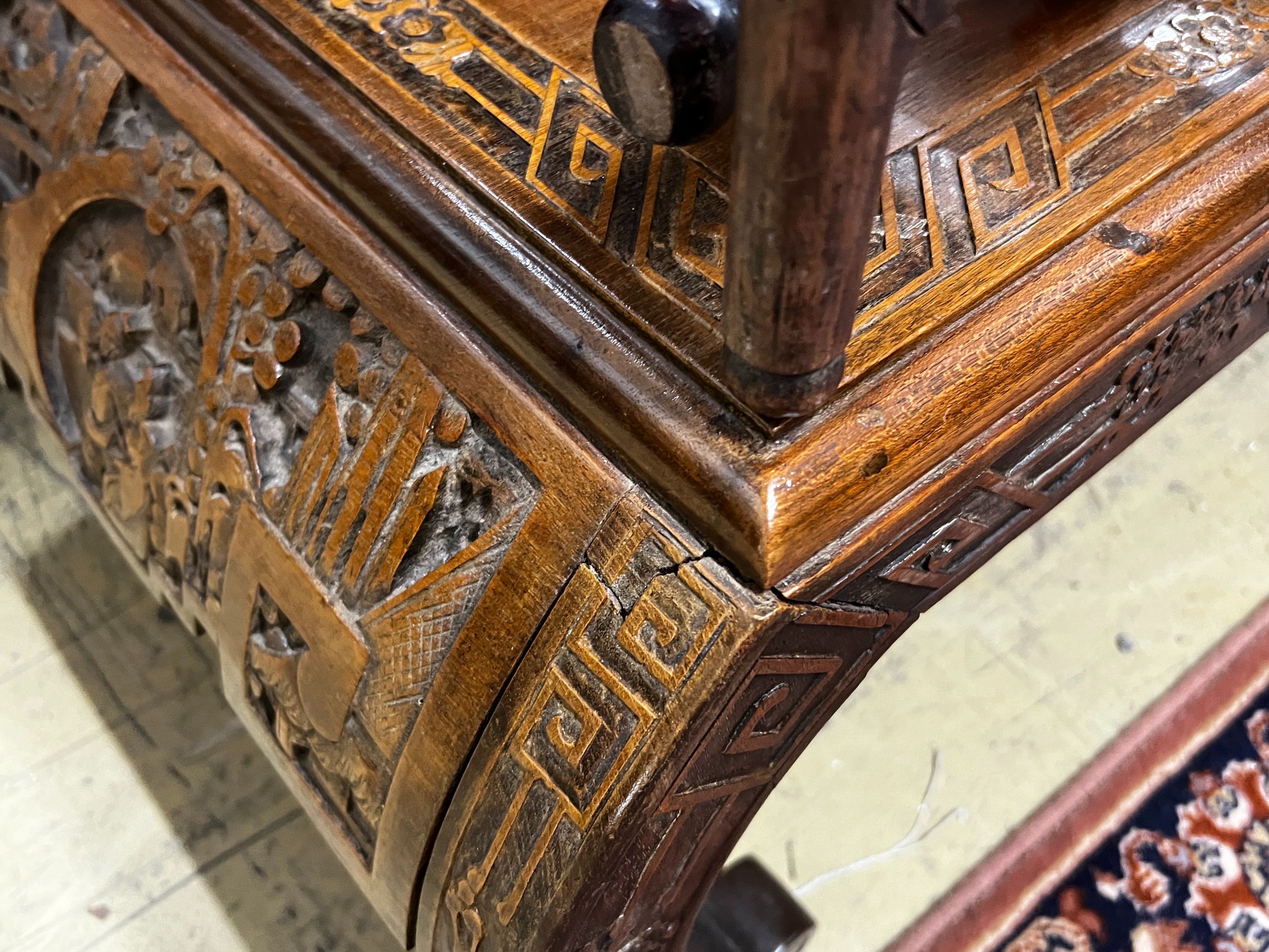 A Chinese carved hardwood low table, length 89cm, depth 43cm, height 36cm together with three - Image 6 of 6