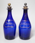 A pair of Regency blue glass decanters, labelled in gilt; Brandy and Hollands, 19cms high not