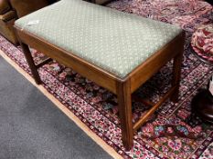 A George III style mahogany stool with upholstered drop in seat, length 90cm, depth 46cm, height