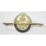 A 9ct and enamel, York and Lancaster Regimental sweethearts brooch, 46mm, gross weight 4.1 grams.