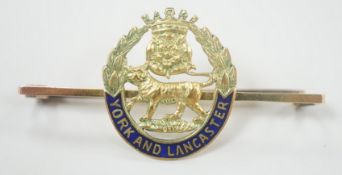 A 9ct and enamel, York and Lancaster Regimental sweethearts brooch, 46mm, gross weight 4.1 grams.