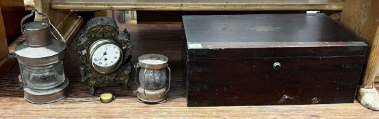 A 19th century mahogany cutlery box, width 46cm, two miniature ship's lanterns and a French inlaid