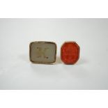 A 19th century yellow metal overlaid and white carnelian set fob seal, the matrix carved with the