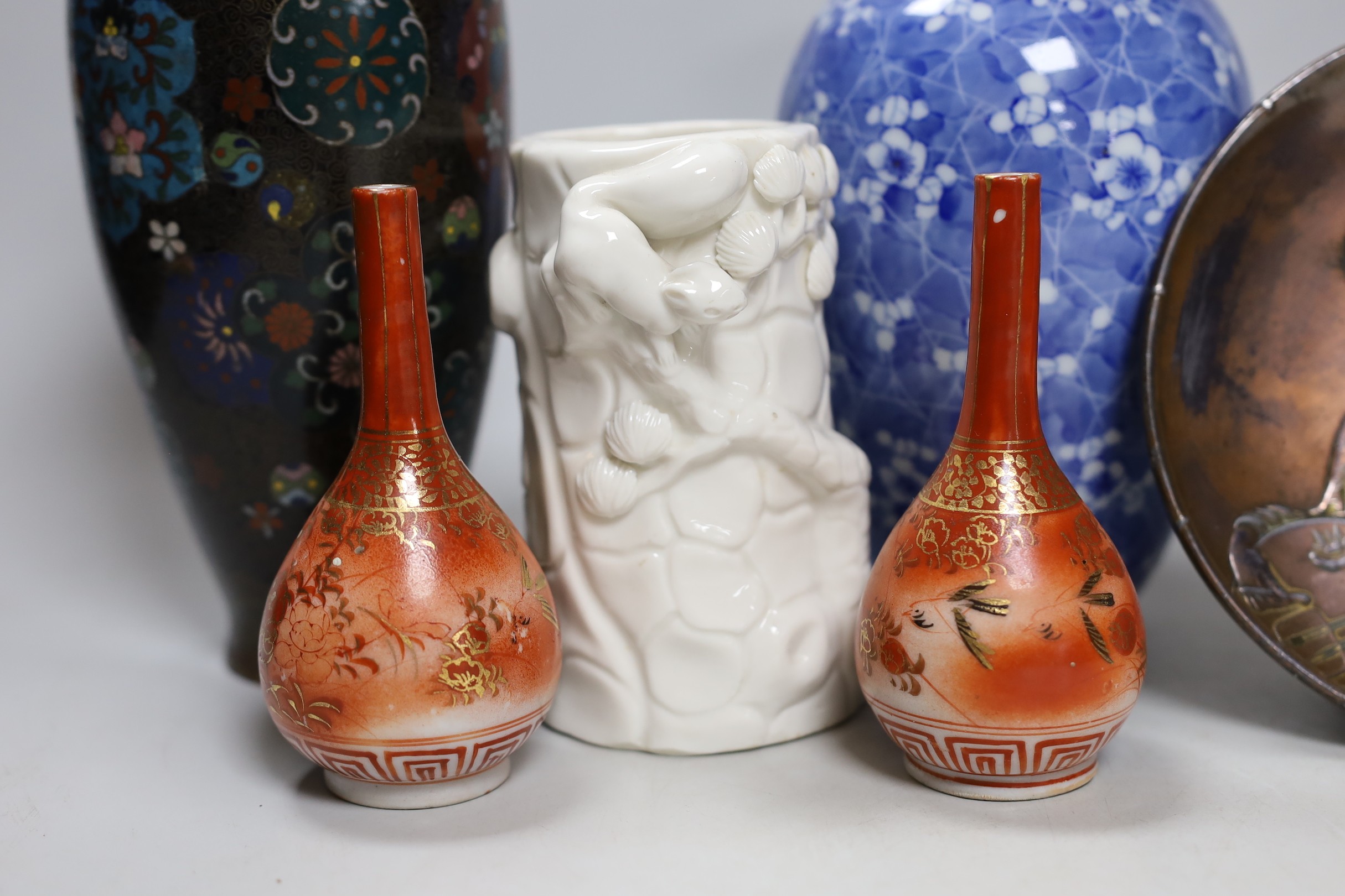 A pair of Japanese cloisonné enamel vases, four Japanese vases and an antimony dish. Tallest 22cm - Image 2 of 6