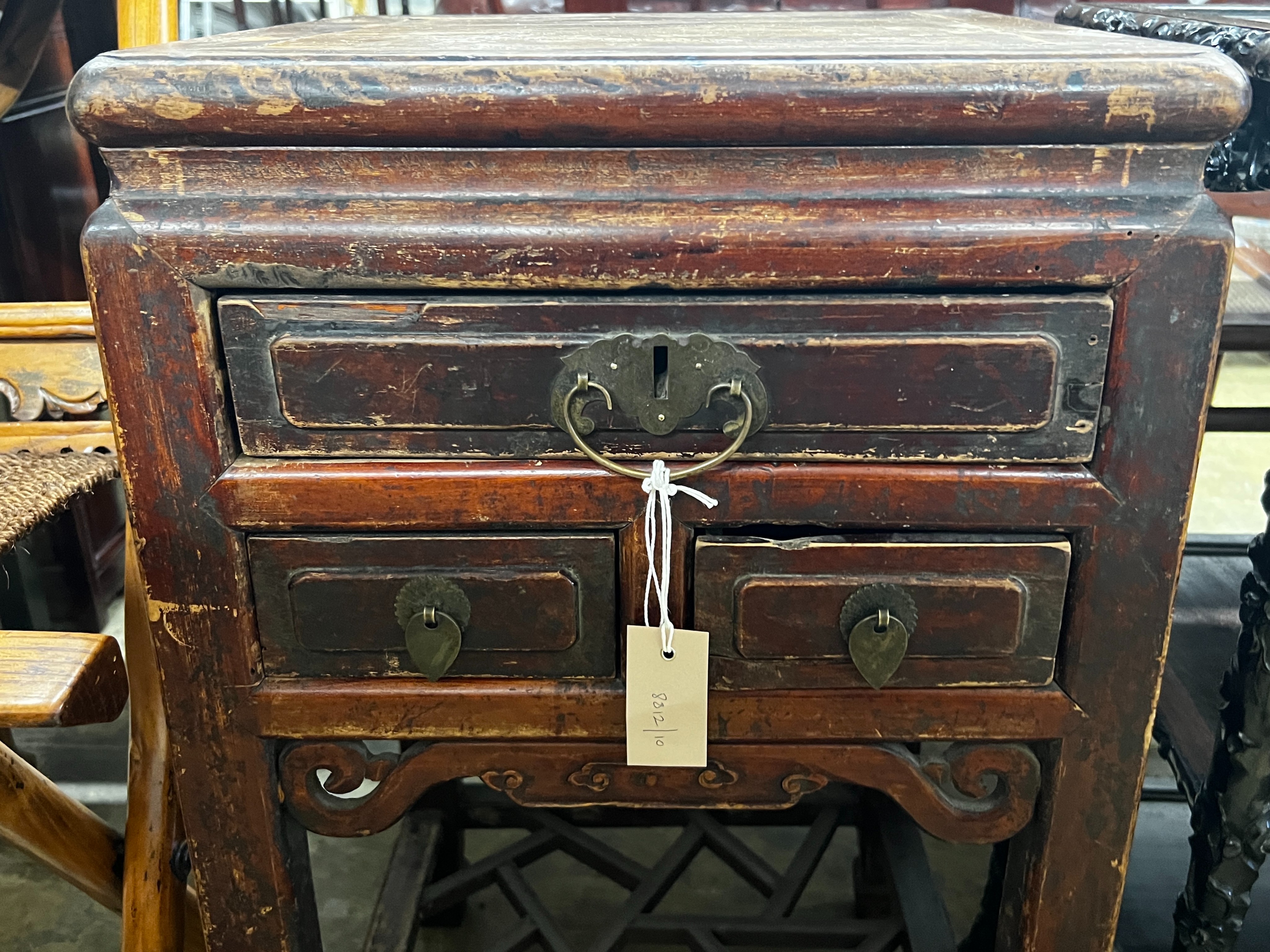 A Chinese lacquered wood three drawer side table, width 43cm, depth 44cm, height 77cm - Image 5 of 6