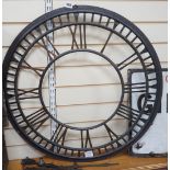 A painted copper wall clock chapter ring and hands, 74cm diameter