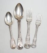 A harlequin part canteen of 19th century silver Kings pattern flatware include a pair of basting