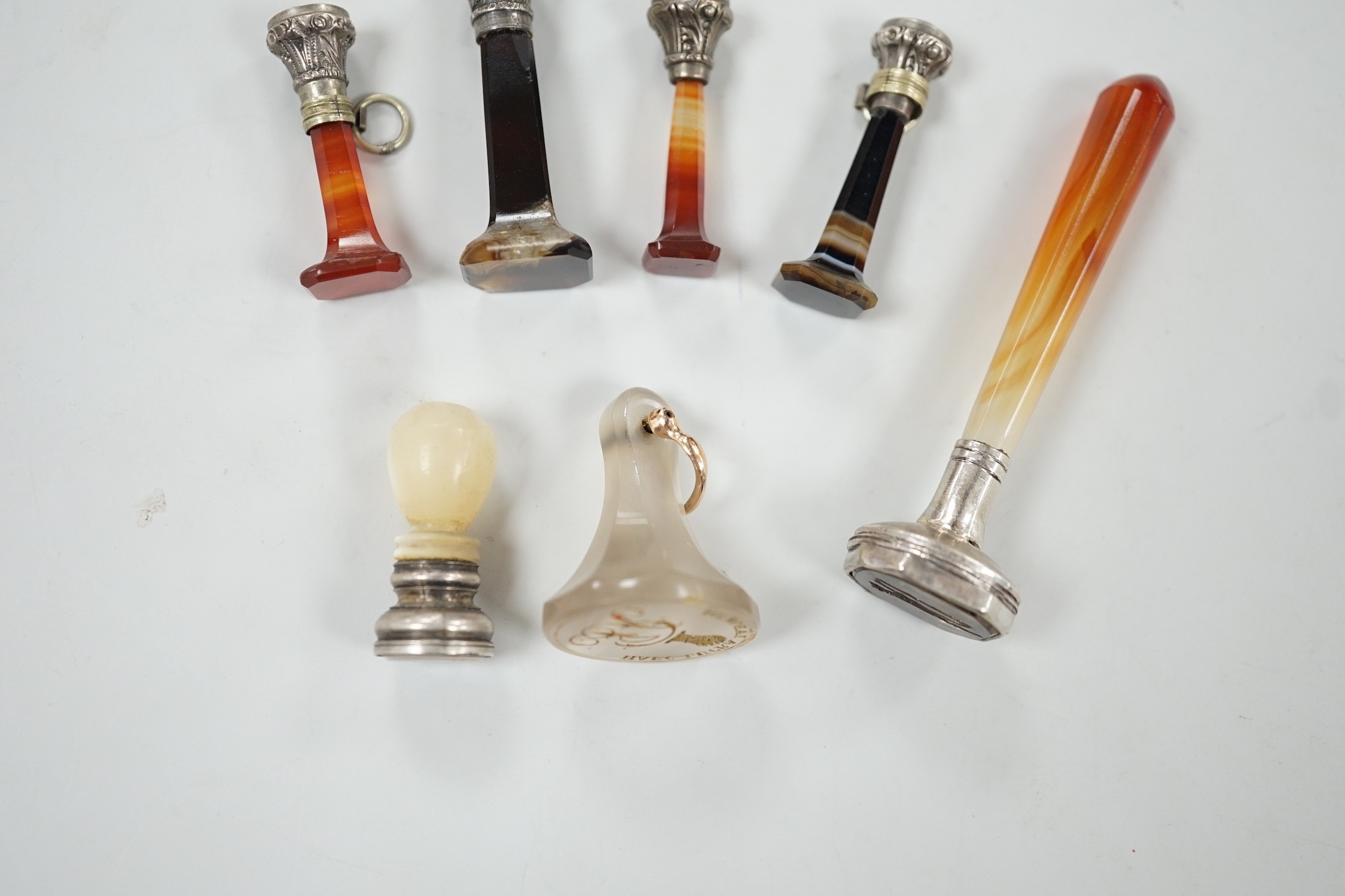 Five assorted 19th century white metal mounted agate seals, largest 61mm, a similar white metal - Image 2 of 5