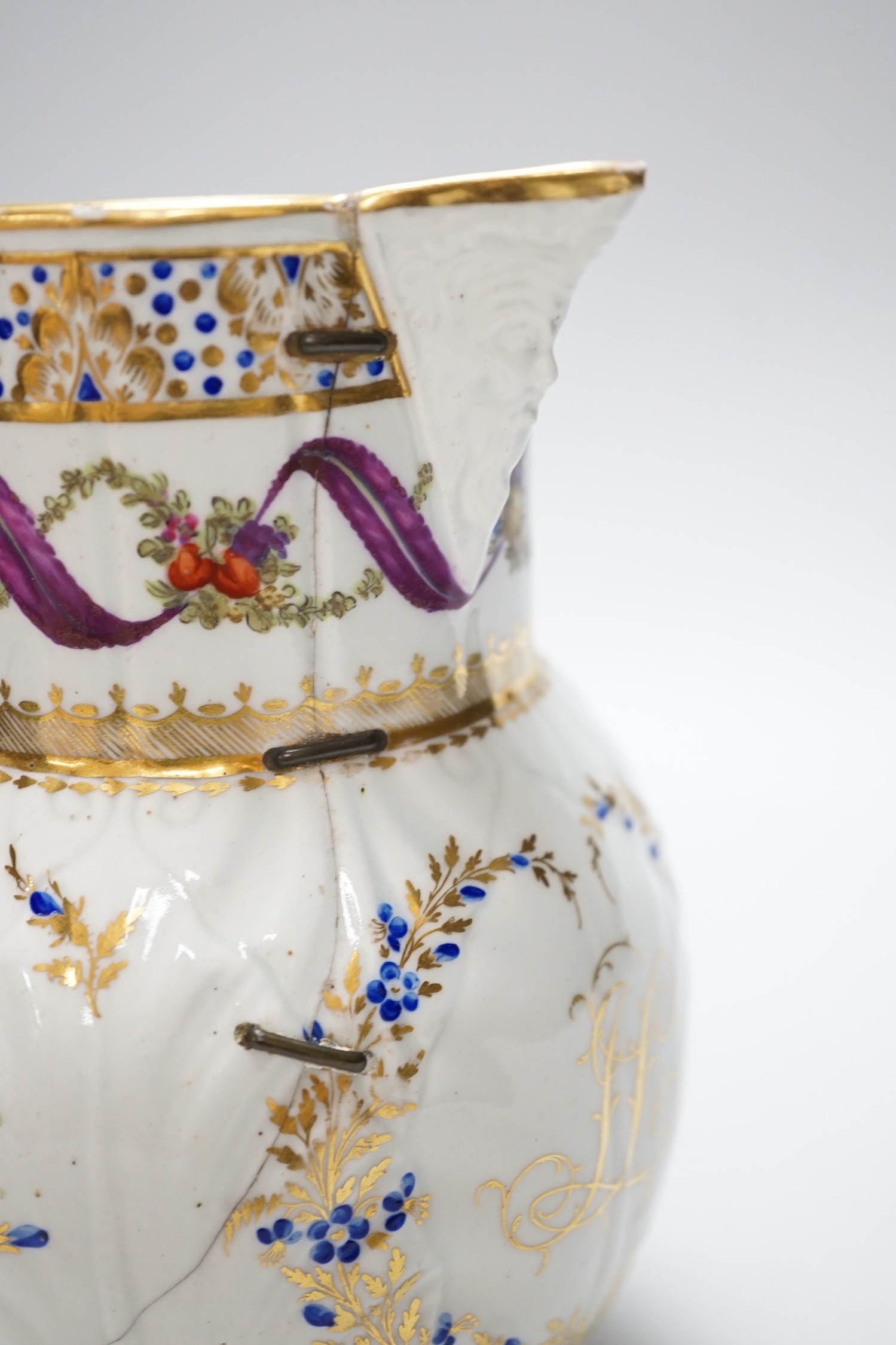 An 18th century Caughley very rare polychrome mask jug, elaboratley painted and gilded with two - Image 5 of 9