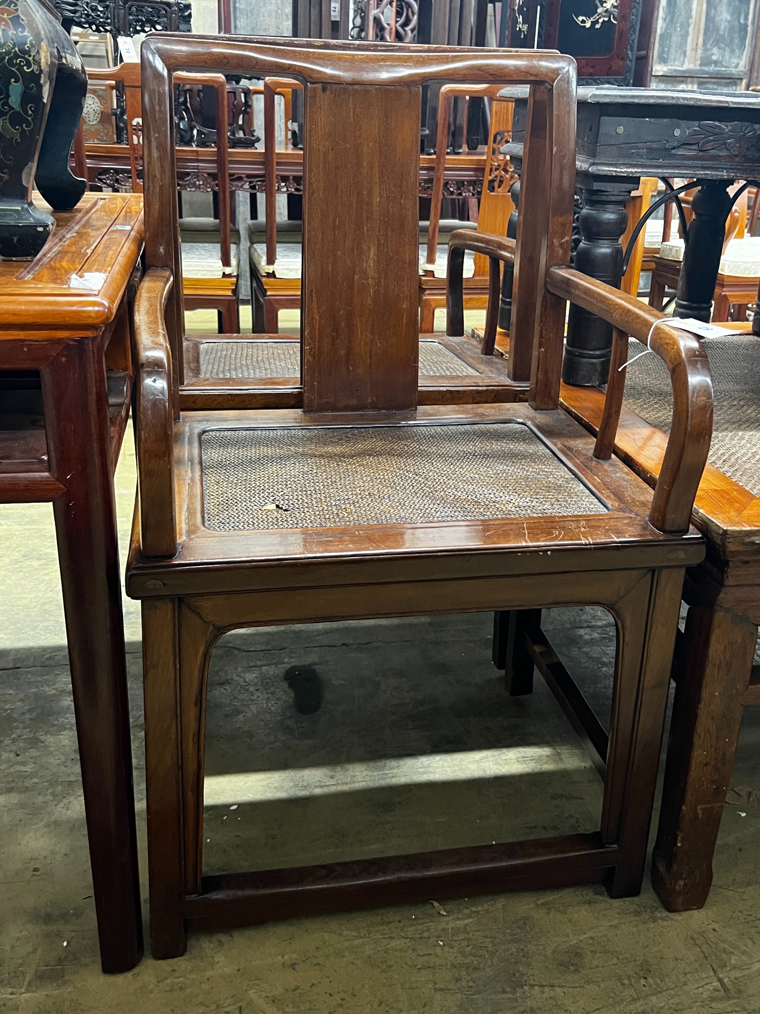 A pair of Chinese caned hardwood elbow chairs, width 55cm, depth 44cm, height 97cm - Image 5 of 5