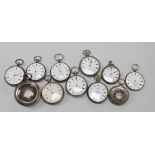 Eleven assorted Victorian and later silver or white metal pocket watches, including The Defiance