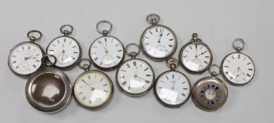 Eleven assorted Victorian and later silver or white metal pocket watches, including The Defiance