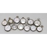 Twelve assorted mainly early 20th century silver or white metal fob watches, including enamelled and