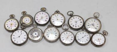 Twelve assorted mainly early 20th century silver or white metal fob watches, including enamelled and